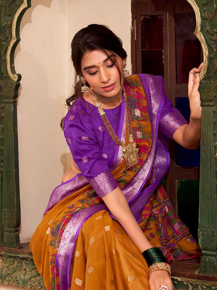 Yellow Poly Cotton Handwoven Festival Wedding Fancy Heavy Border Saree