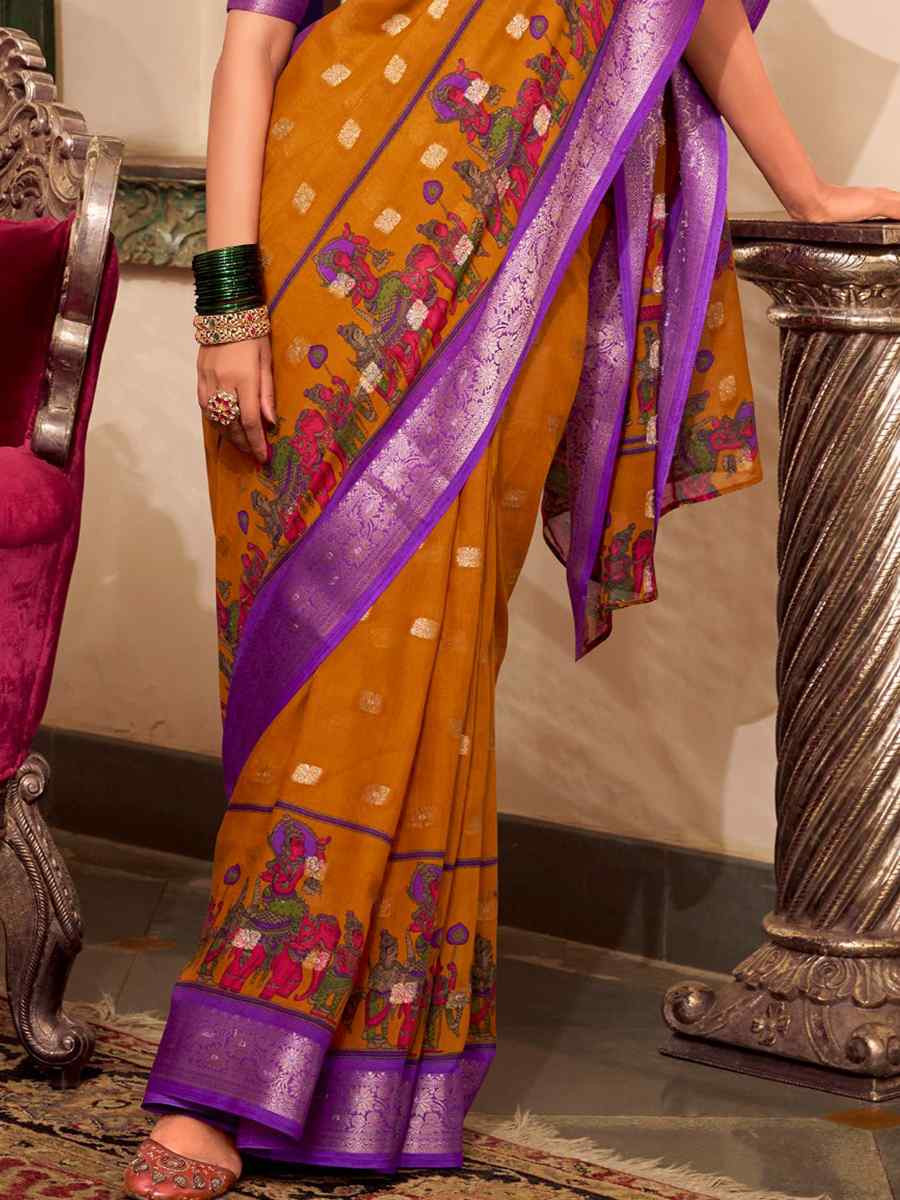 Yellow Poly Cotton Handwoven Festival Wedding Fancy Heavy Border Saree