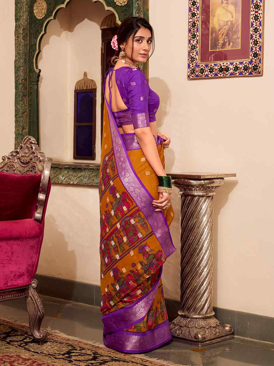 Yellow Poly Cotton Handwoven Festival Wedding Fancy Heavy Border Saree