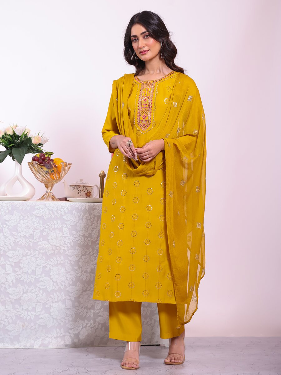Yellow Poly Silk Embroidery Sequins Wedding Party Festival Casual Haldi Ready Pant Salwar Kameez