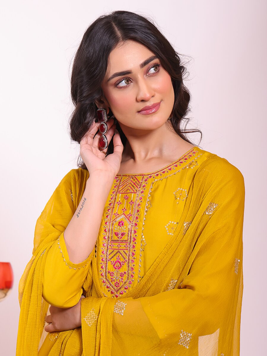 Yellow Poly Silk Embroidery Sequins Wedding Party Festival Casual Haldi Ready Pant Salwar Kameez