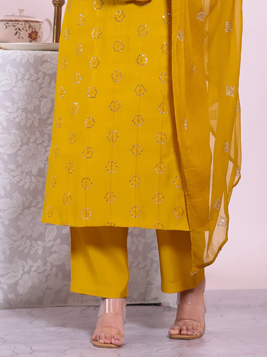 Yellow Poly Silk Embroidery Sequins Wedding Party Festival Casual Haldi Ready Pant Salwar Kameez
