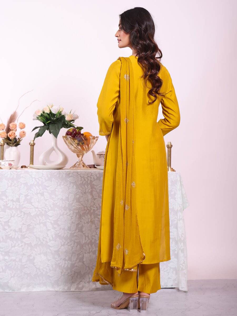 Yellow Poly Silk Embroidery Sequins Wedding Party Festival Casual Haldi Ready Pant Salwar Kameez