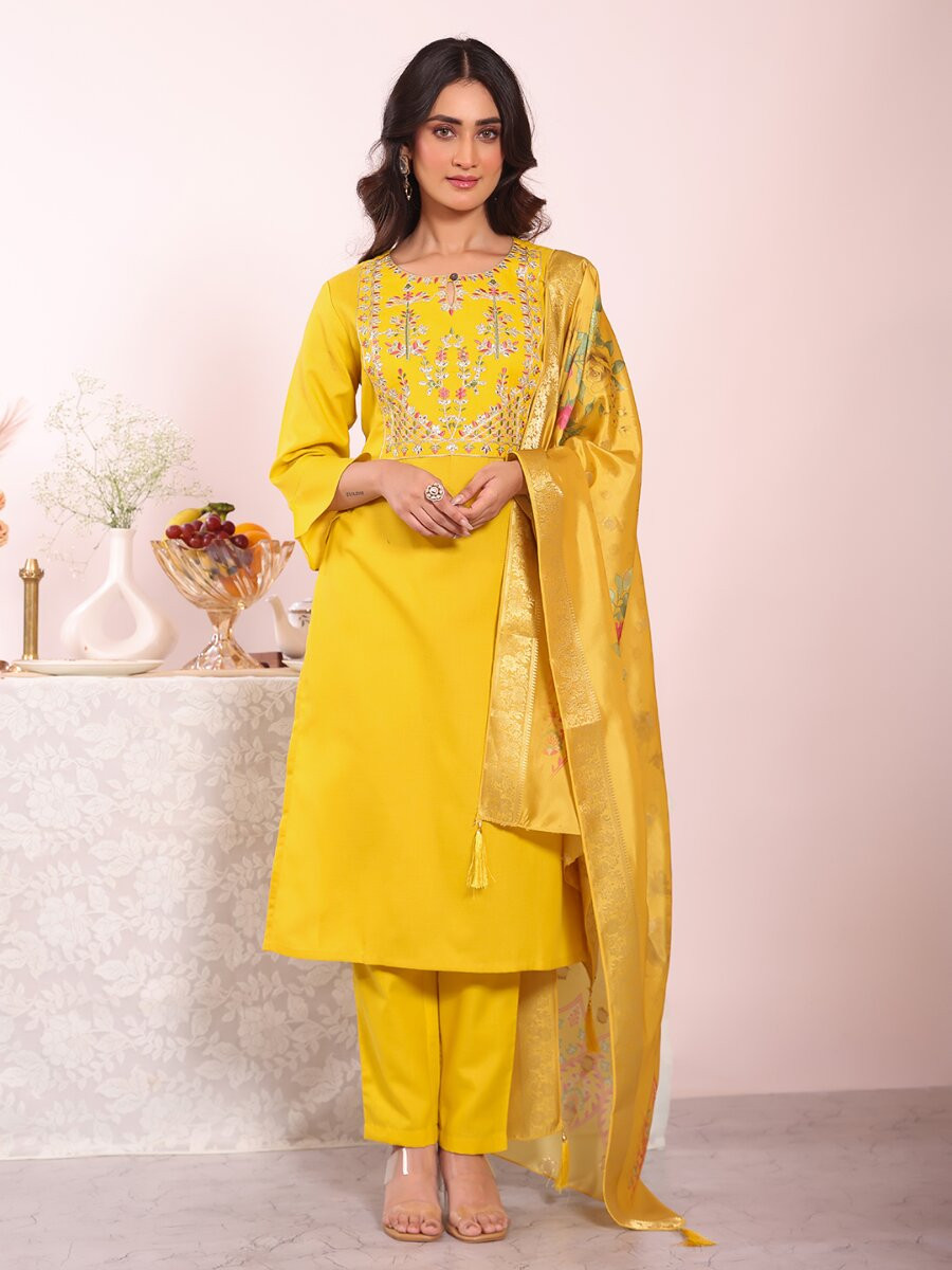 Yellow Poly Silk Embroidery Sequins Wedding Party Festival Casual Haldi Ready Pant Salwar Kameez