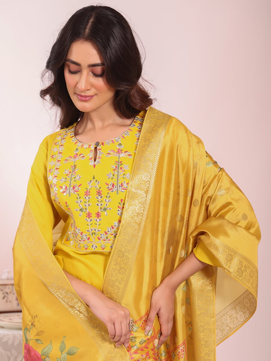 Yellow Poly Silk Embroidery Sequins Wedding Party Festival Casual Haldi Ready Pant Salwar Kameez