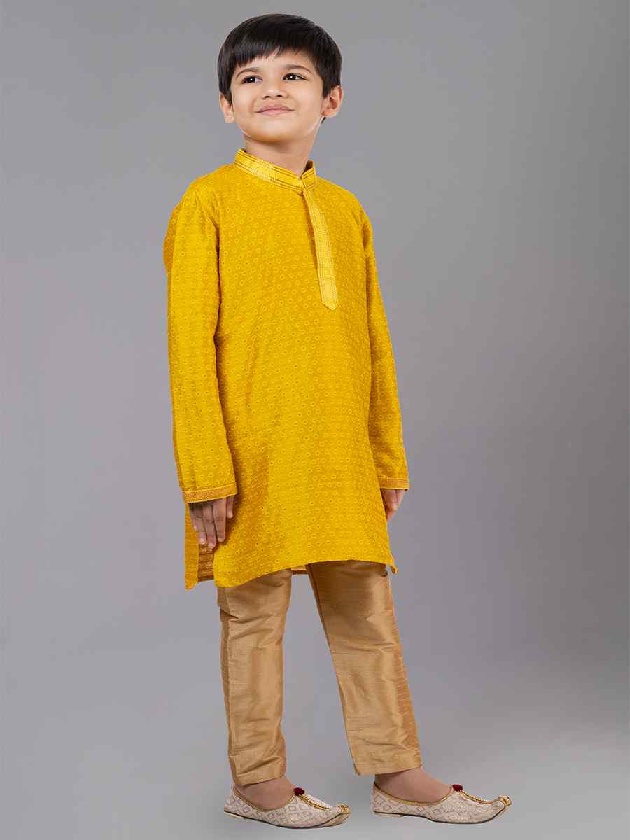 Yellow Polyester Cotton Embroidered Festival Traditional Kurta Pyjama Boys Wear