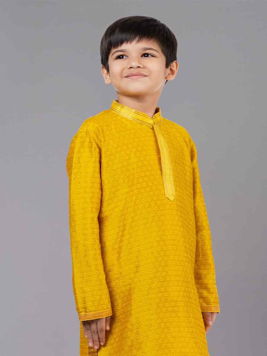 Yellow Polyester Cotton Embroidered Festival Traditional Kurta Pyjama Boys Wear