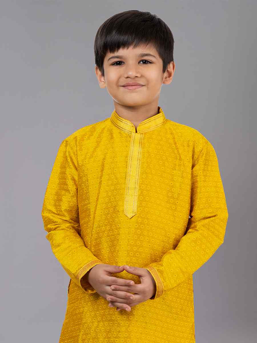Yellow Polyester Cotton Embroidered Festival Traditional Kurta Pyjama Boys Wear