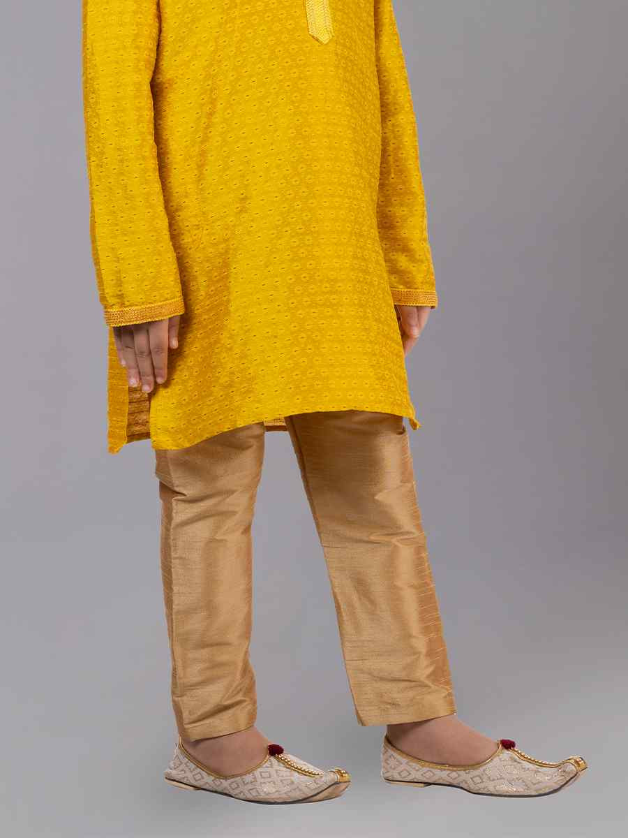 Yellow Polyester Cotton Embroidered Festival Traditional Kurta Pyjama Boys Wear