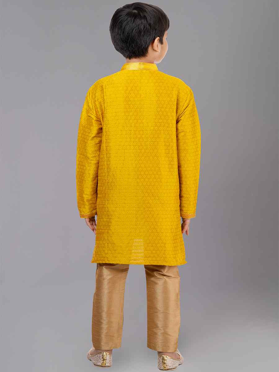 Yellow Polyester Cotton Embroidered Festival Traditional Kurta Pyjama Boys Wear