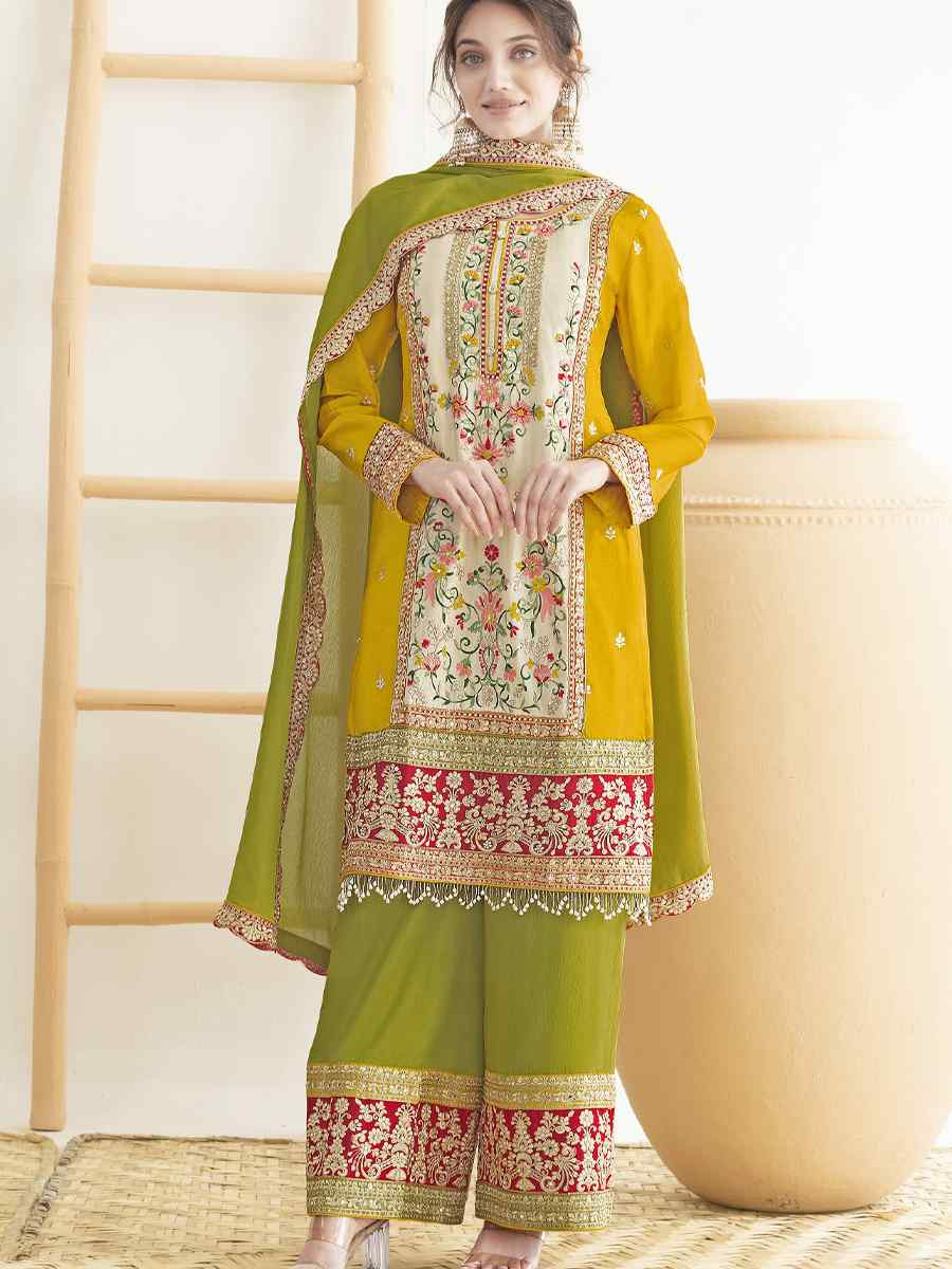 Yellow Premium Finest Chinnon Embroidery Party Wedding Festival Casual Ready Palazzo Pant Salwar Kameez