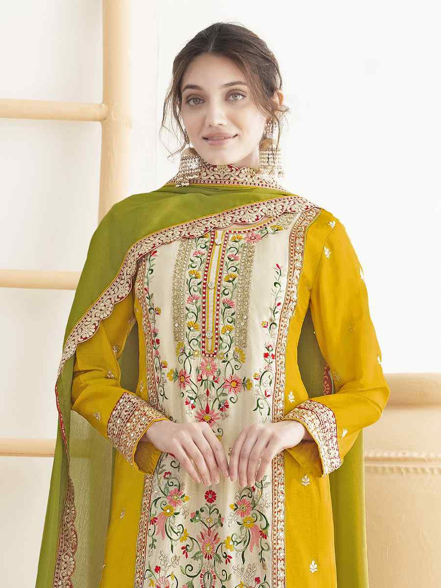 Yellow Premium Finest Chinnon Embroidery Party Wedding Festival Casual Ready Palazzo Pant Salwar Kameez