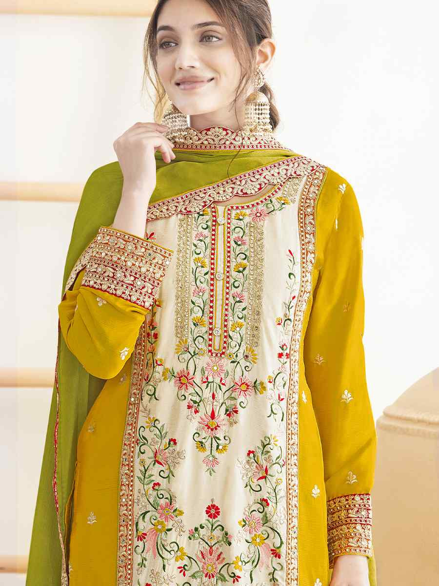 Yellow Premium Finest Chinnon Embroidery Party Wedding Festival Casual Ready Palazzo Pant Salwar Kameez