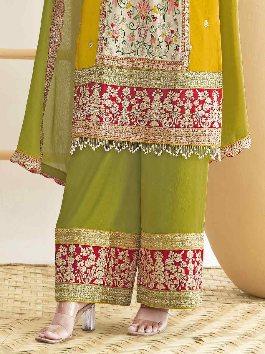Yellow Premium Finest Chinnon Embroidery Party Wedding Festival Casual Ready Palazzo Pant Salwar Kameez