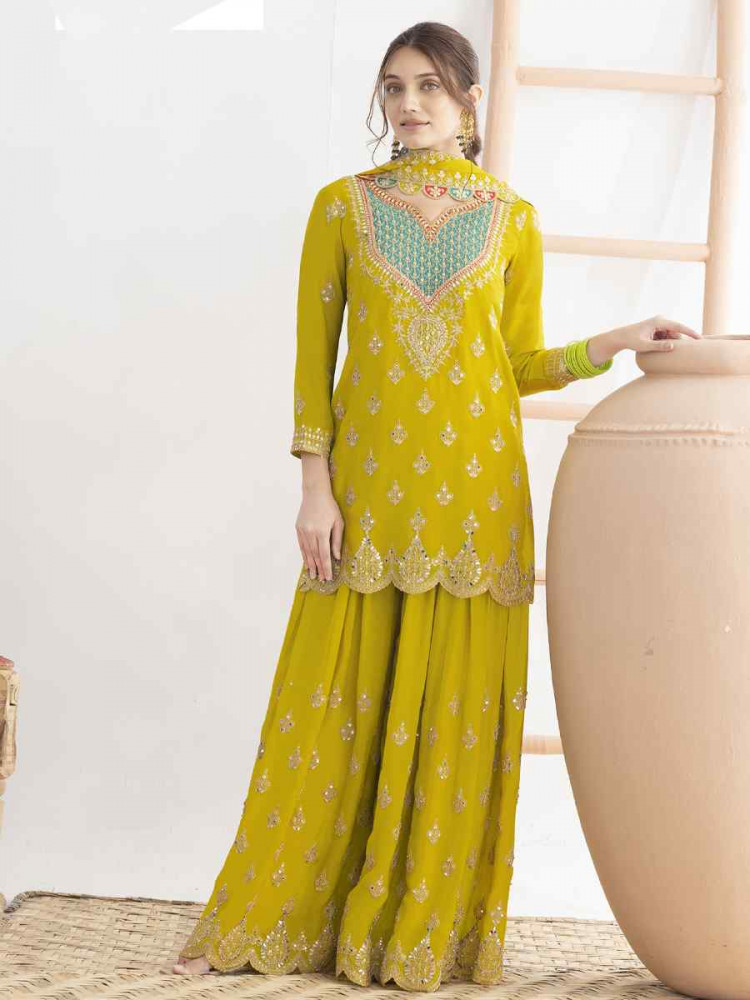 Image of Yellow Premium &amp; Finest Chinon Embroidery Party Wedding Festival Casual Ready Palazzo Pant Salwar Kameez