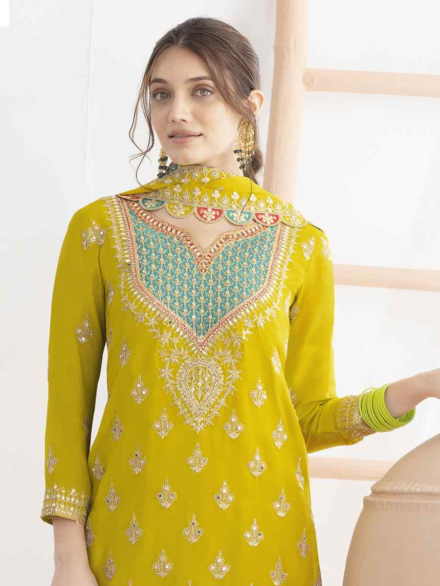 Yellow Premium Finest Chinon Embroidery Party Wedding Festival Casual Ready Palazzo Pant Salwar Kameez