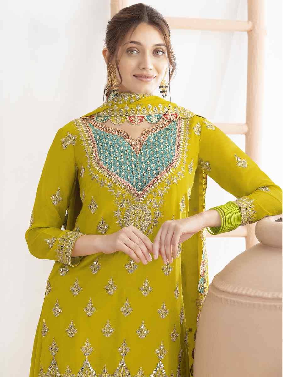 Yellow Premium Finest Chinon Embroidery Party Wedding Festival Casual Ready Palazzo Pant Salwar Kameez