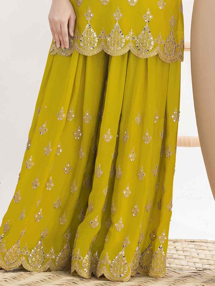 Yellow Premium Finest Chinon Embroidery Party Wedding Festival Casual Ready Palazzo Pant Salwar Kameez