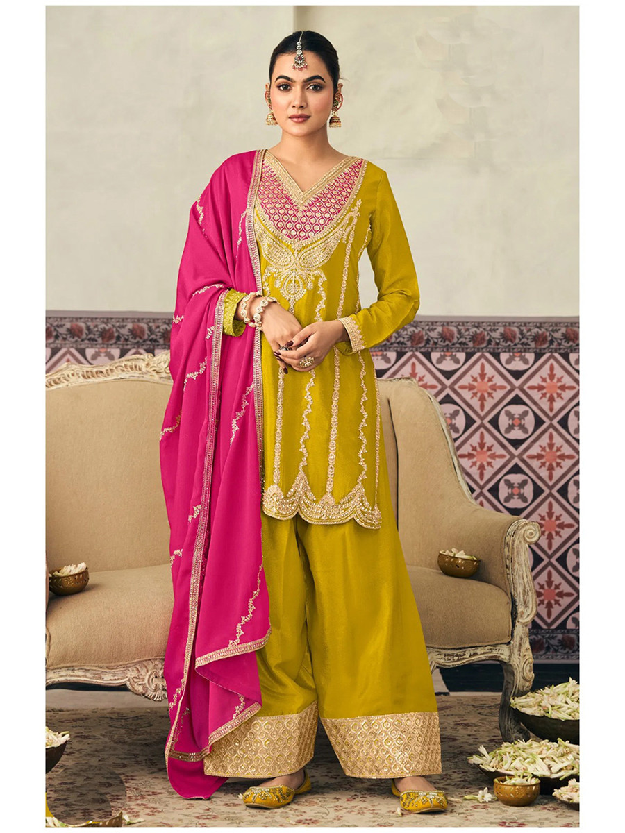 Yellow Premium Blooming Chinon Embroidery Sequins Zari Wedding Party Festival Palazzo Pant Salwar Kameez
