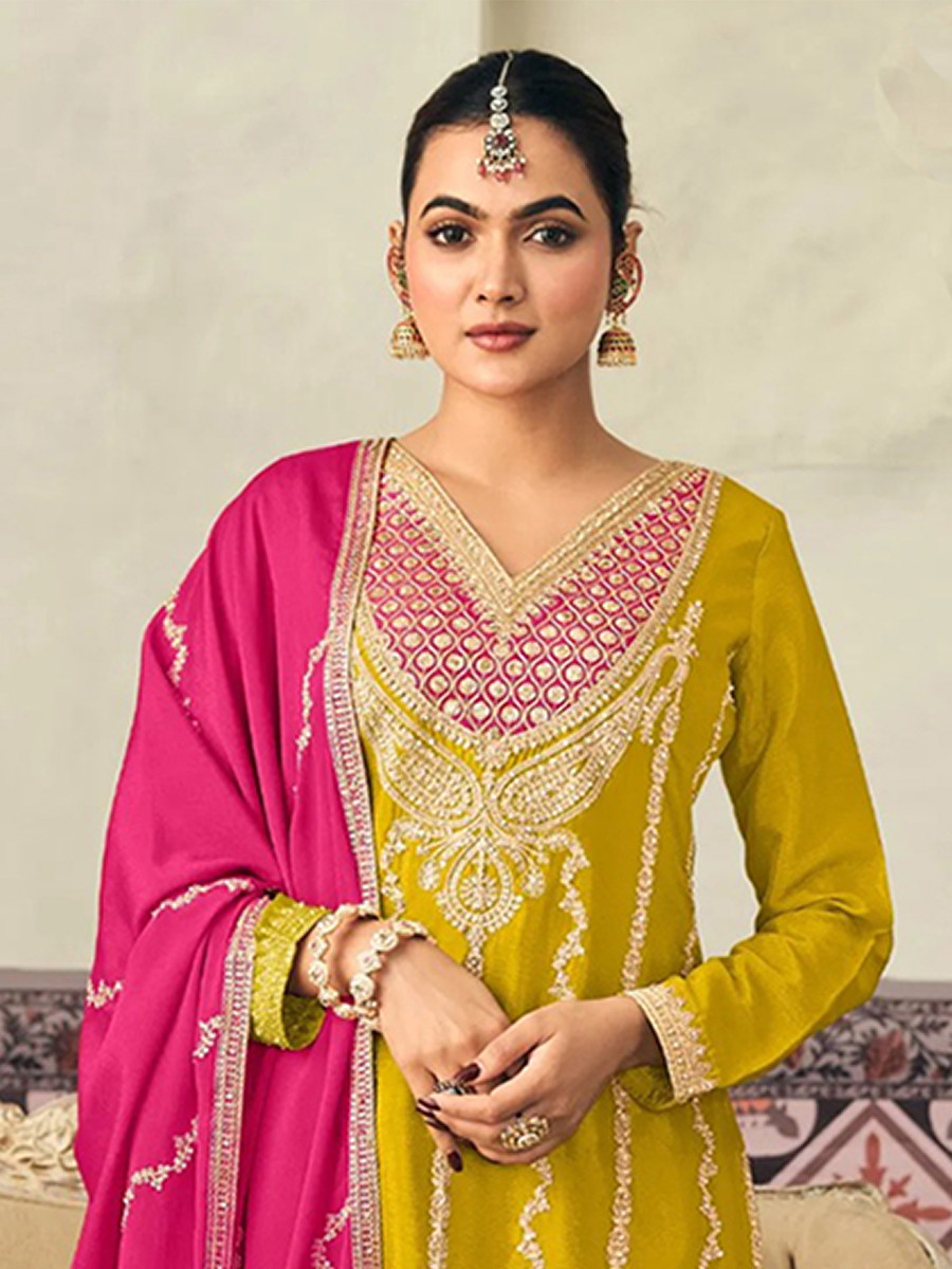 Yellow Premium Blooming Chinon Embroidery Sequins Zari Wedding Party Festival Palazzo Pant Salwar Kameez