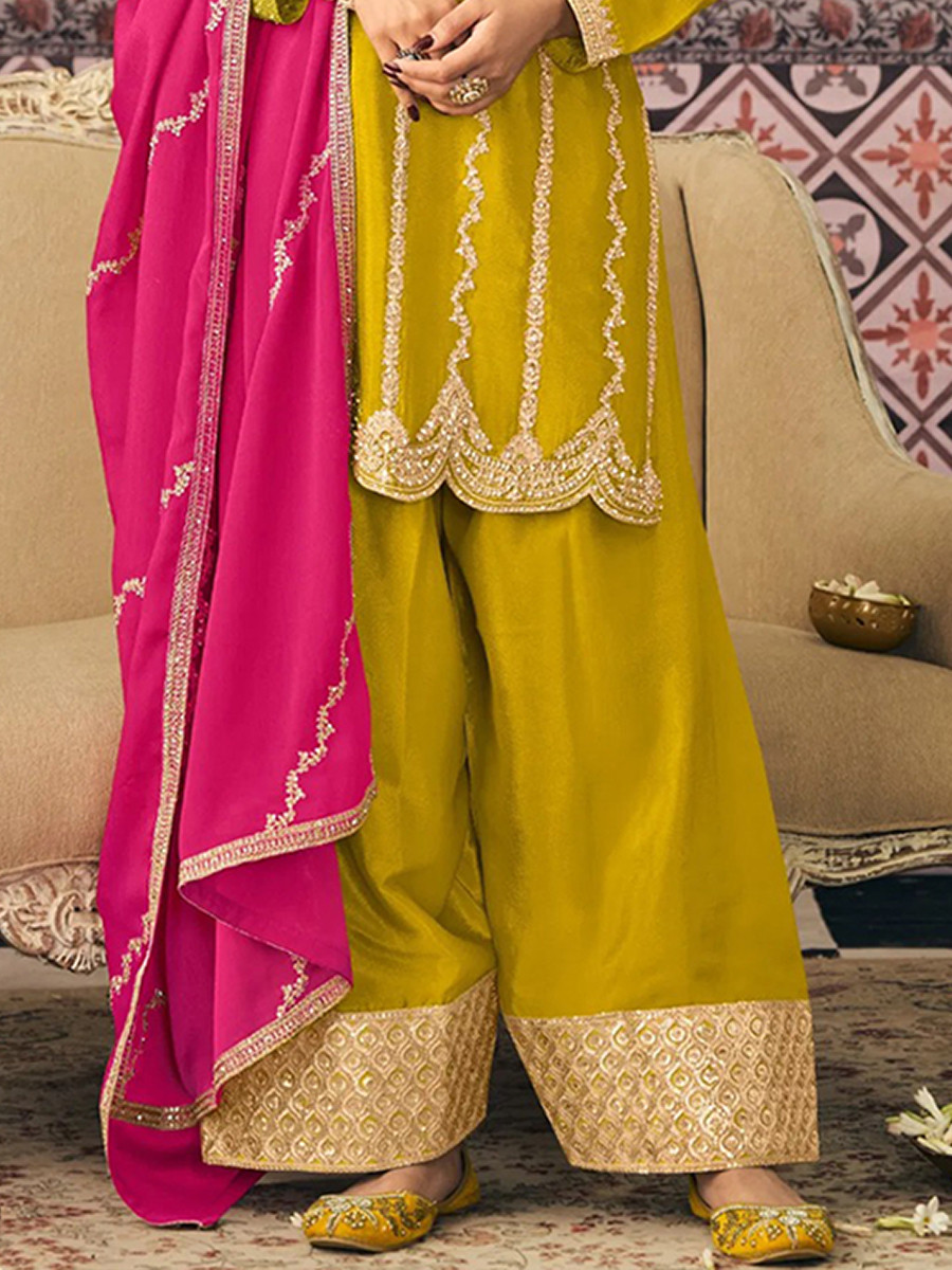 Yellow Premium Blooming Chinon Embroidery Sequins Zari Wedding Party Festival Palazzo Pant Salwar Kameez
