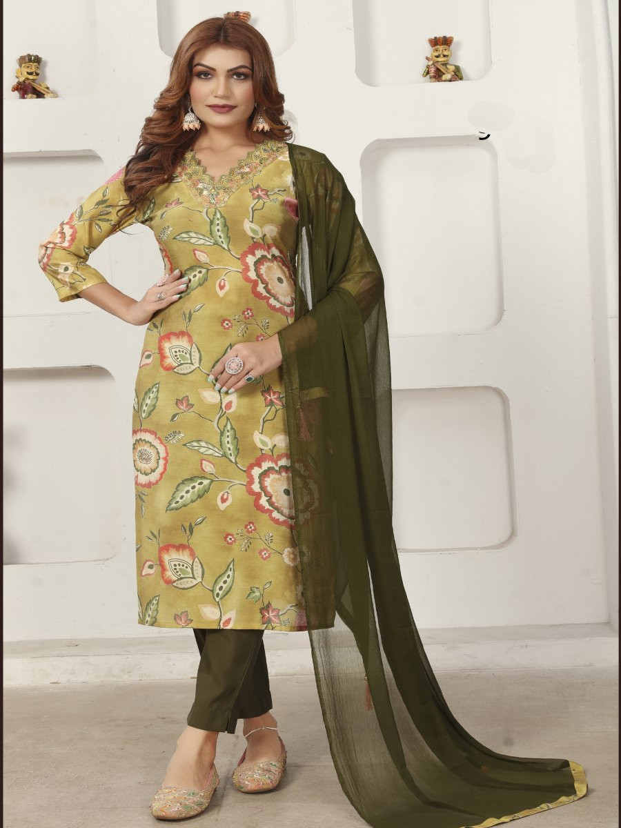 Yellow Premium Chanderi Silk Printed Wedding Party Festival Casual Ready Pant Salwar Kameez
