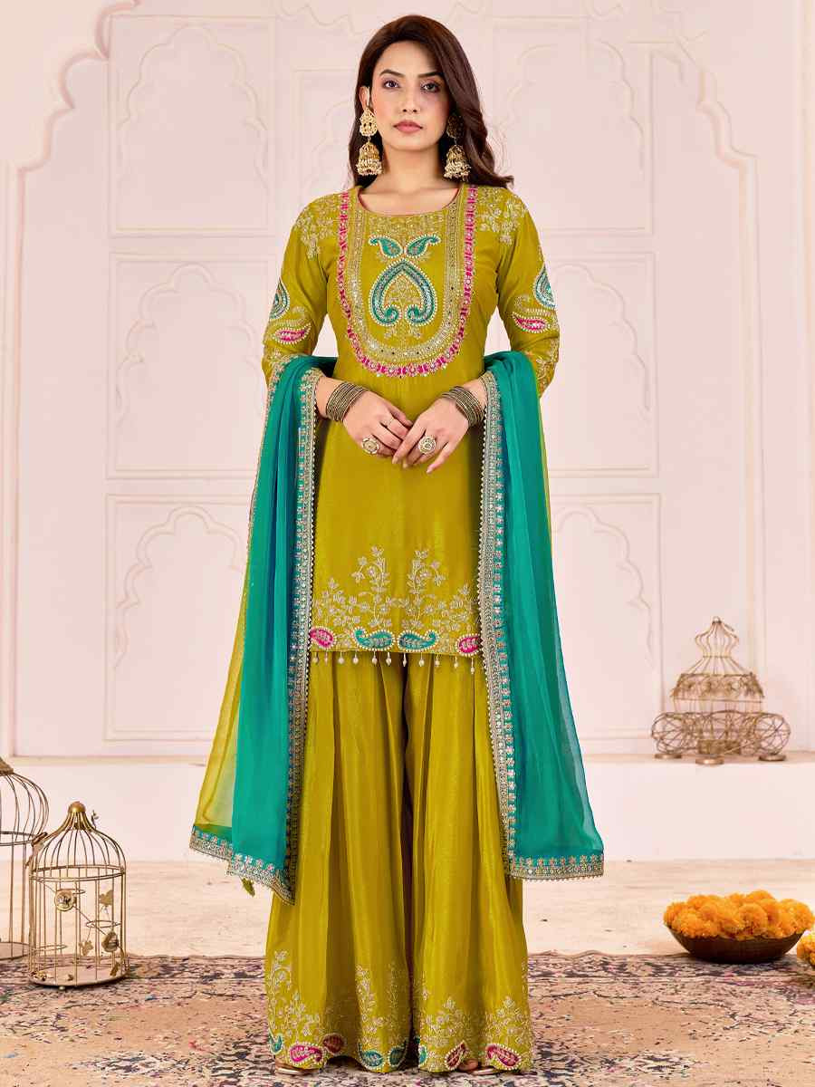 Yellow Premium Chinnon Embroidery Party Wedding Festival Casual Ready Palazzo Pant Salwar Kameez