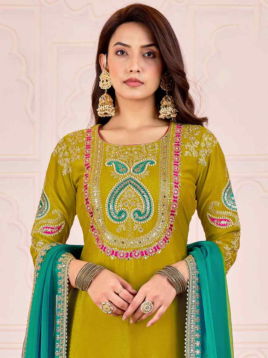 Yellow Premium Chinnon Embroidery Party Wedding Festival Casual Ready Palazzo Pant Salwar Kameez
