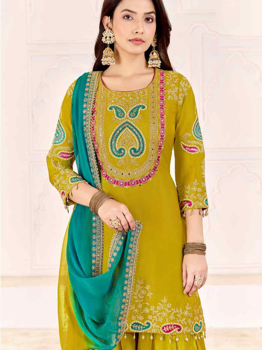 Yellow Premium Chinnon Embroidery Party Wedding Festival Casual Ready Palazzo Pant Salwar Kameez
