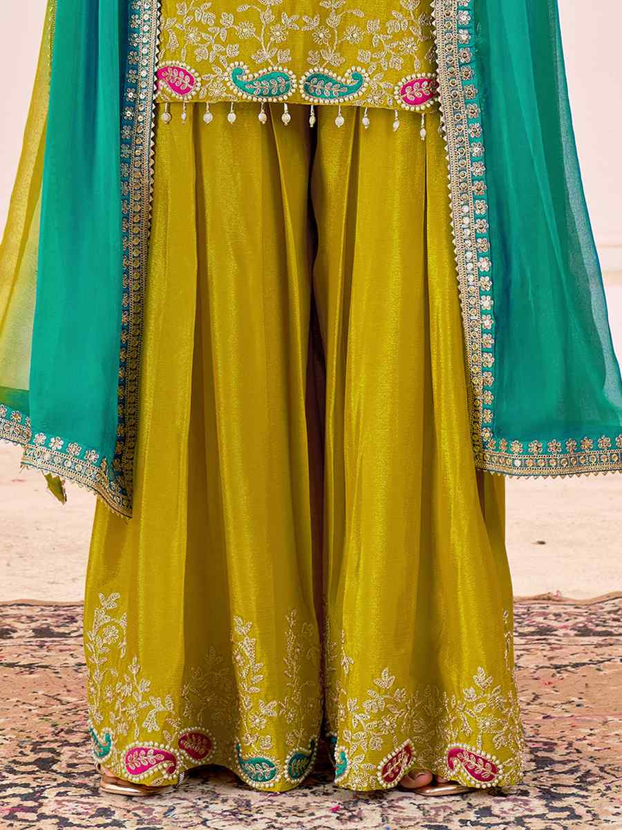 Yellow Premium Chinnon Embroidery Party Wedding Festival Casual Ready Palazzo Pant Salwar Kameez