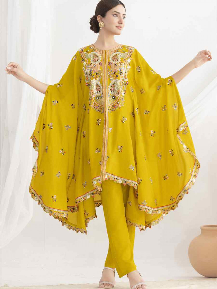 Image of Yellow Premium Chinon Embroidered Festival Wedding Party Kurti Bottom Women Wear