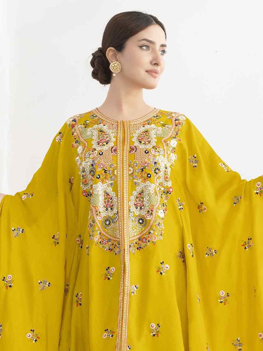 Yellow Premium Chinon Embroidered Festival Wedding Party Kurti Bottom Women Wear