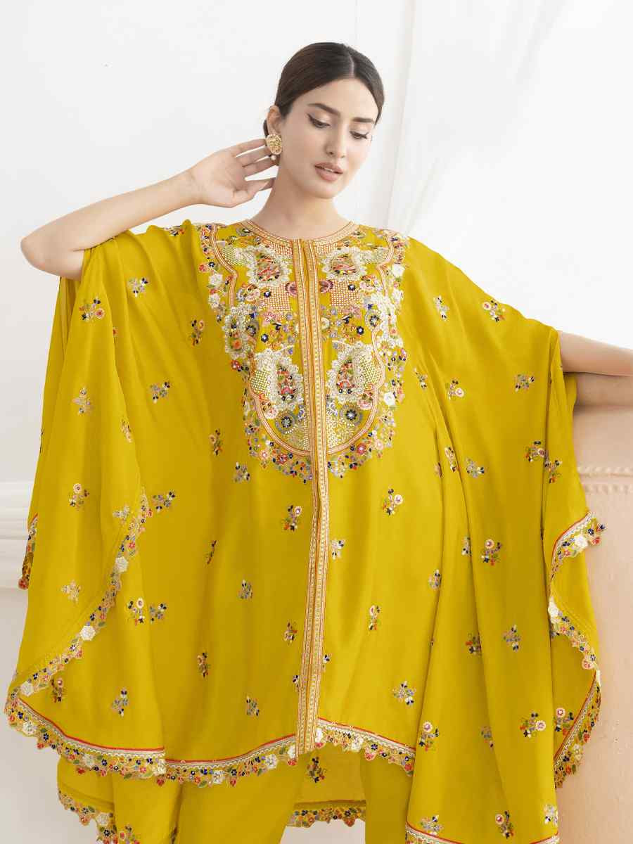 Yellow Premium Chinon Embroidered Festival Wedding Party Kurti Bottom Women Wear