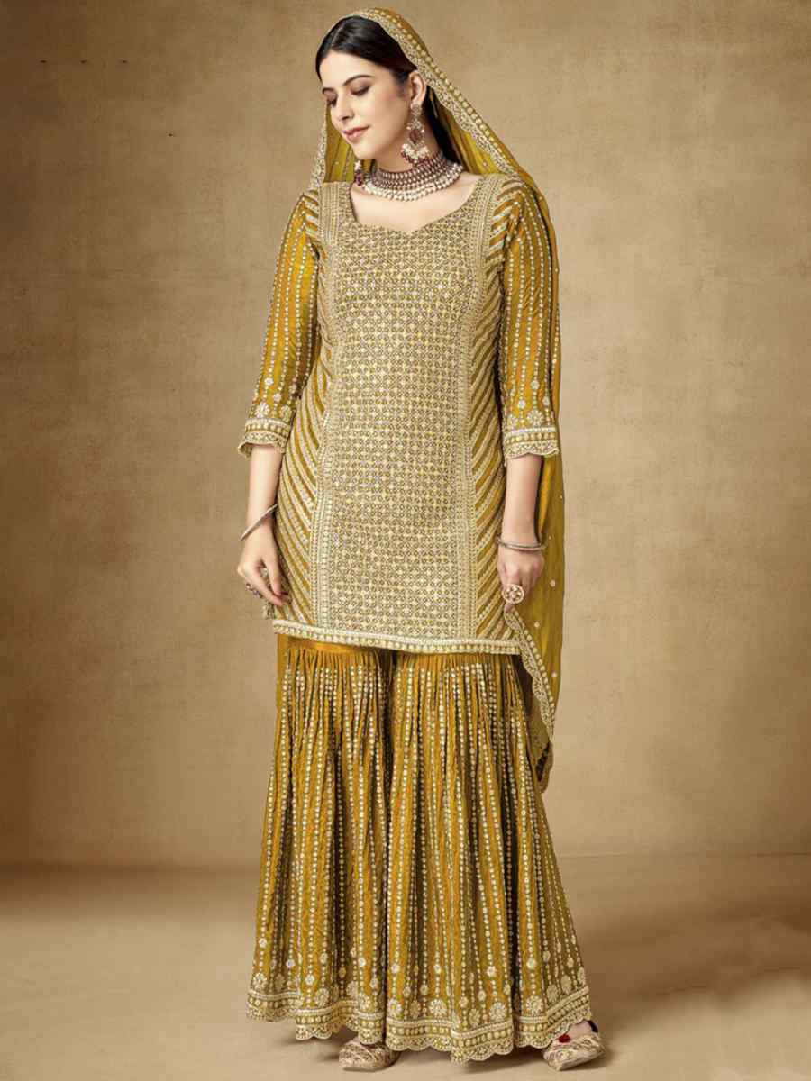 Yellow Premium Chinon Embroidered Festival Wedding Sharara Pant Salwar Kameez