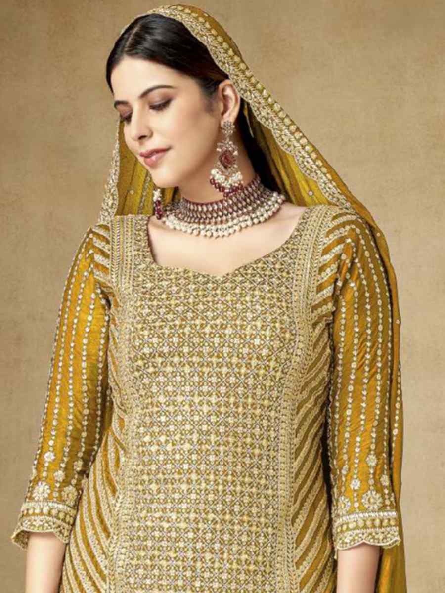 Yellow Premium Chinon Embroidered Festival Wedding Sharara Pant Salwar Kameez