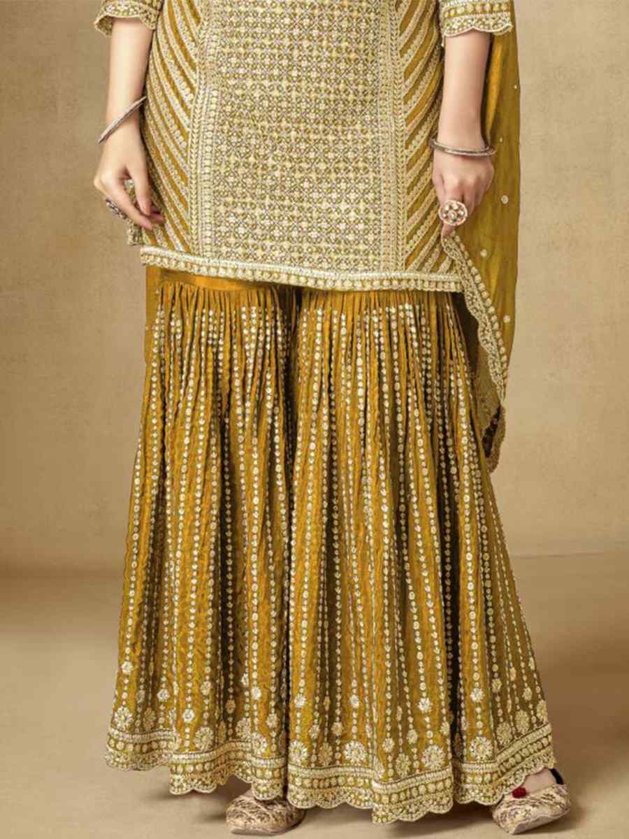 Yellow Premium Chinon Embroidered Festival Wedding Sharara Pant Salwar Kameez