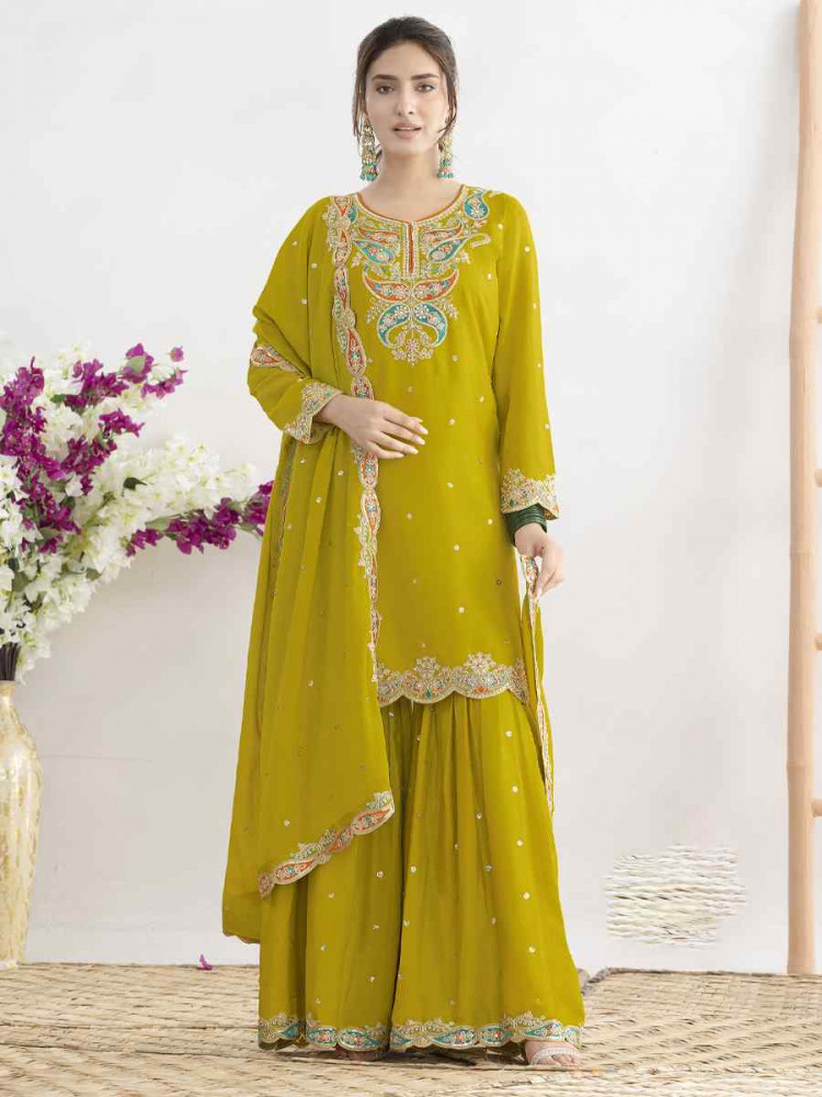 Image of Yellow Premium Chinon Embroidery Party Wedding Festival Casual Ready Sharara Pant Salwar Kameez