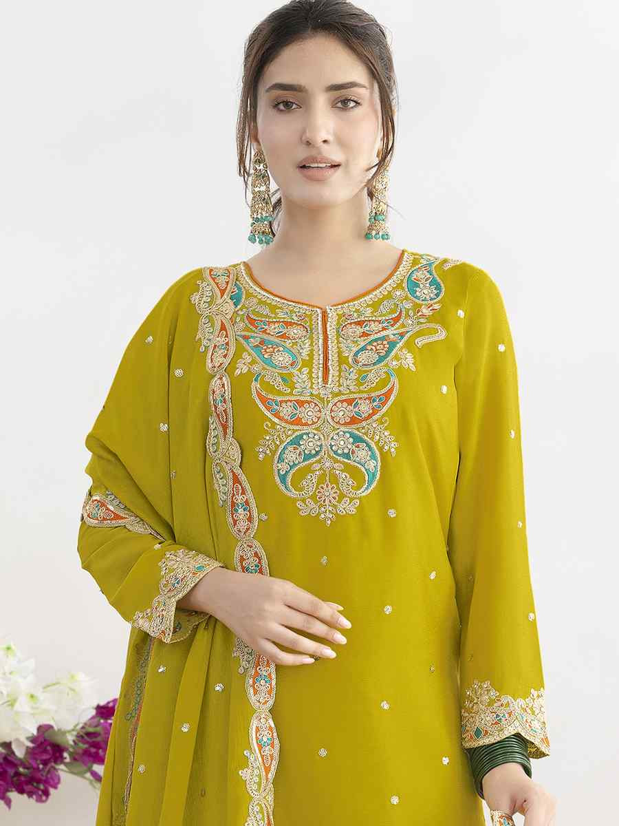 Yellow Premium Chinon Embroidery Party Wedding Festival Casual Ready Sharara Pant Salwar Kameez