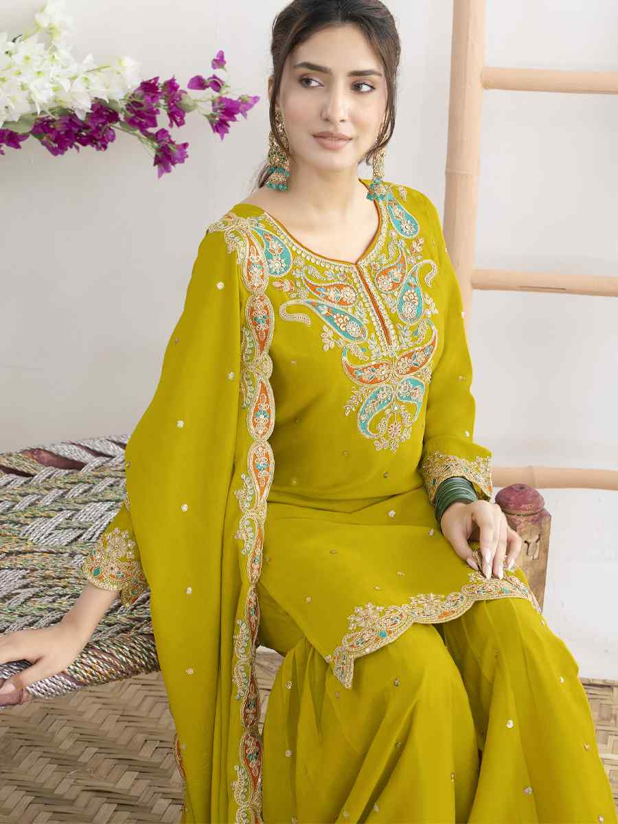 Yellow Premium Chinon Embroidery Party Wedding Festival Casual Ready Sharara Pant Salwar Kameez