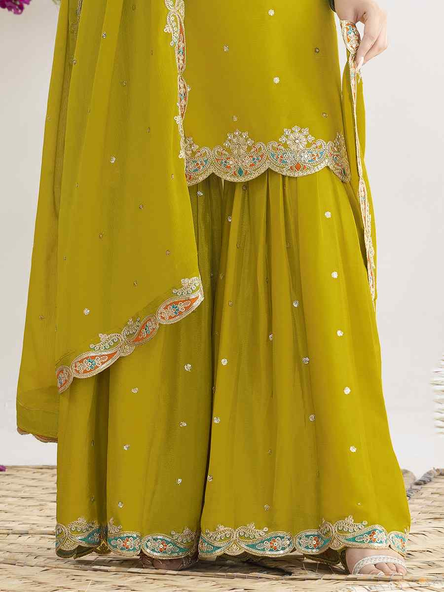 Yellow Premium Chinon Embroidery Party Wedding Festival Casual Ready Sharara Pant Salwar Kameez