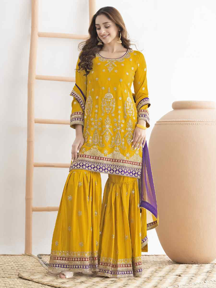 Yellow Premium Chinon Embroidery Party Wedding Festival Casual Ready Sharara Pant Salwar Kameez