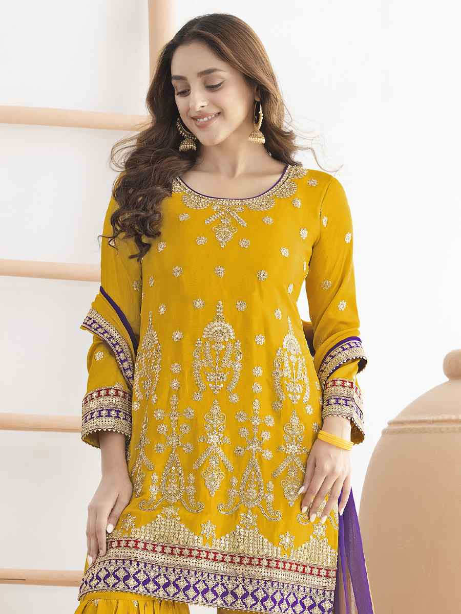 Yellow Premium Chinon Embroidery Party Wedding Festival Casual Ready Sharara Pant Salwar Kameez