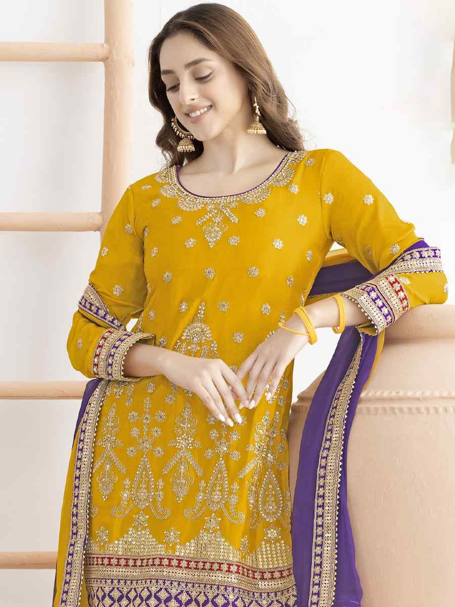 Yellow Premium Chinon Embroidery Party Wedding Festival Casual Ready Sharara Pant Salwar Kameez