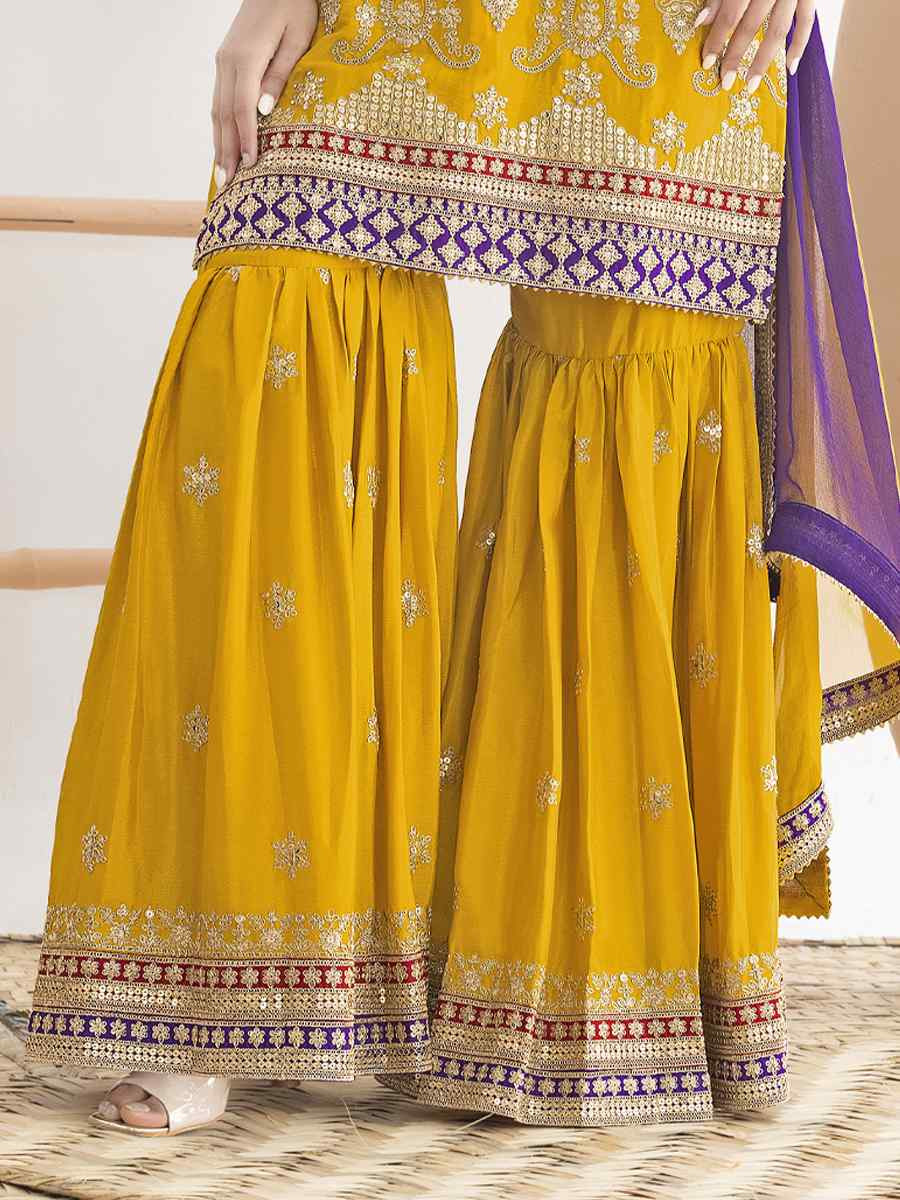 Yellow Premium Chinon Embroidery Party Wedding Festival Casual Ready Sharara Pant Salwar Kameez