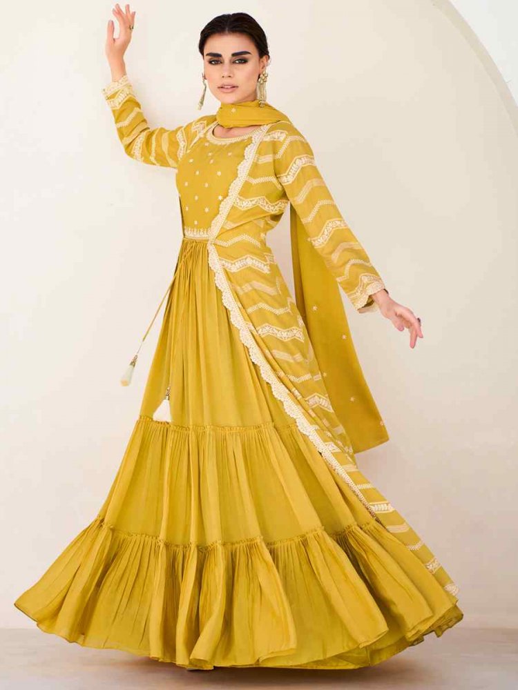 Yellow Premium Chinon Silk Embroidered Festival Wedding Kurti Lehenga Choli