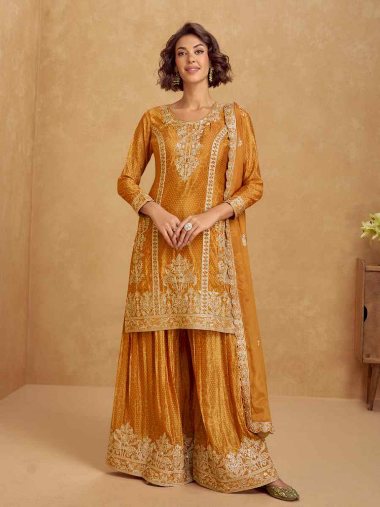 Yellow Premium Chinon Silk Embroidered Festival Wedding Ready Sharara Pant Salwar Kameez