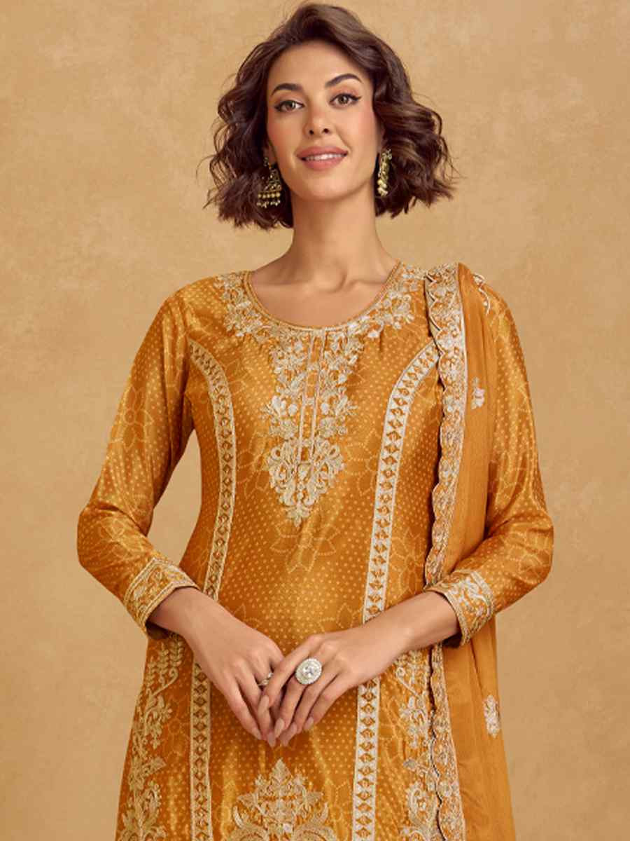 Yellow Premium Chinon Silk Embroidered Festival Wedding Ready Sharara Pant Salwar Kameez