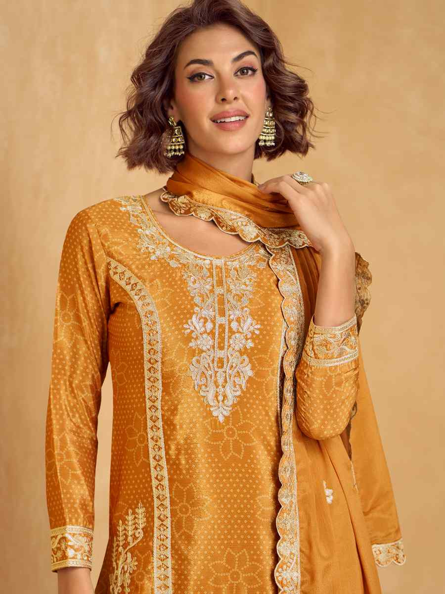 Yellow Premium Chinon Silk Embroidered Festival Wedding Ready Sharara Pant Salwar Kameez
