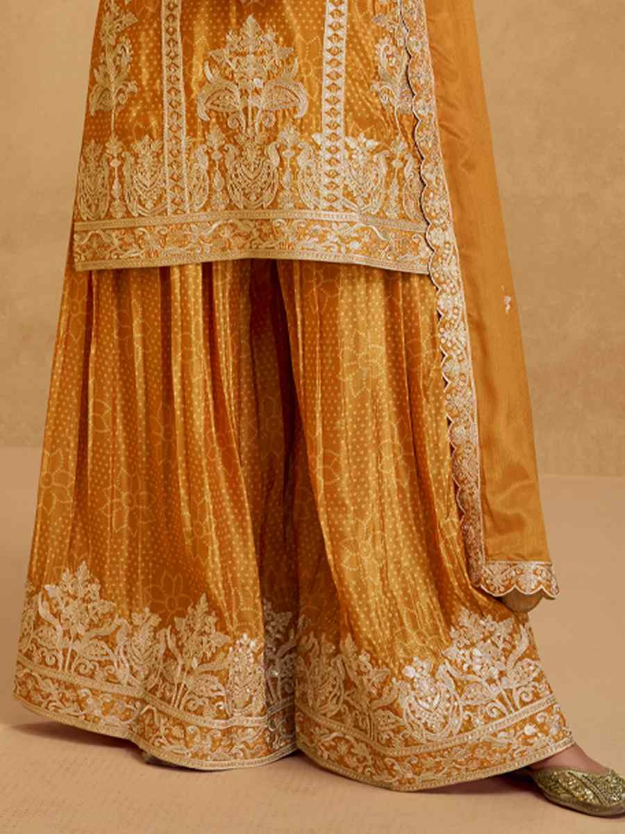 Yellow Premium Chinon Silk Embroidered Festival Wedding Ready Sharara Pant Salwar Kameez