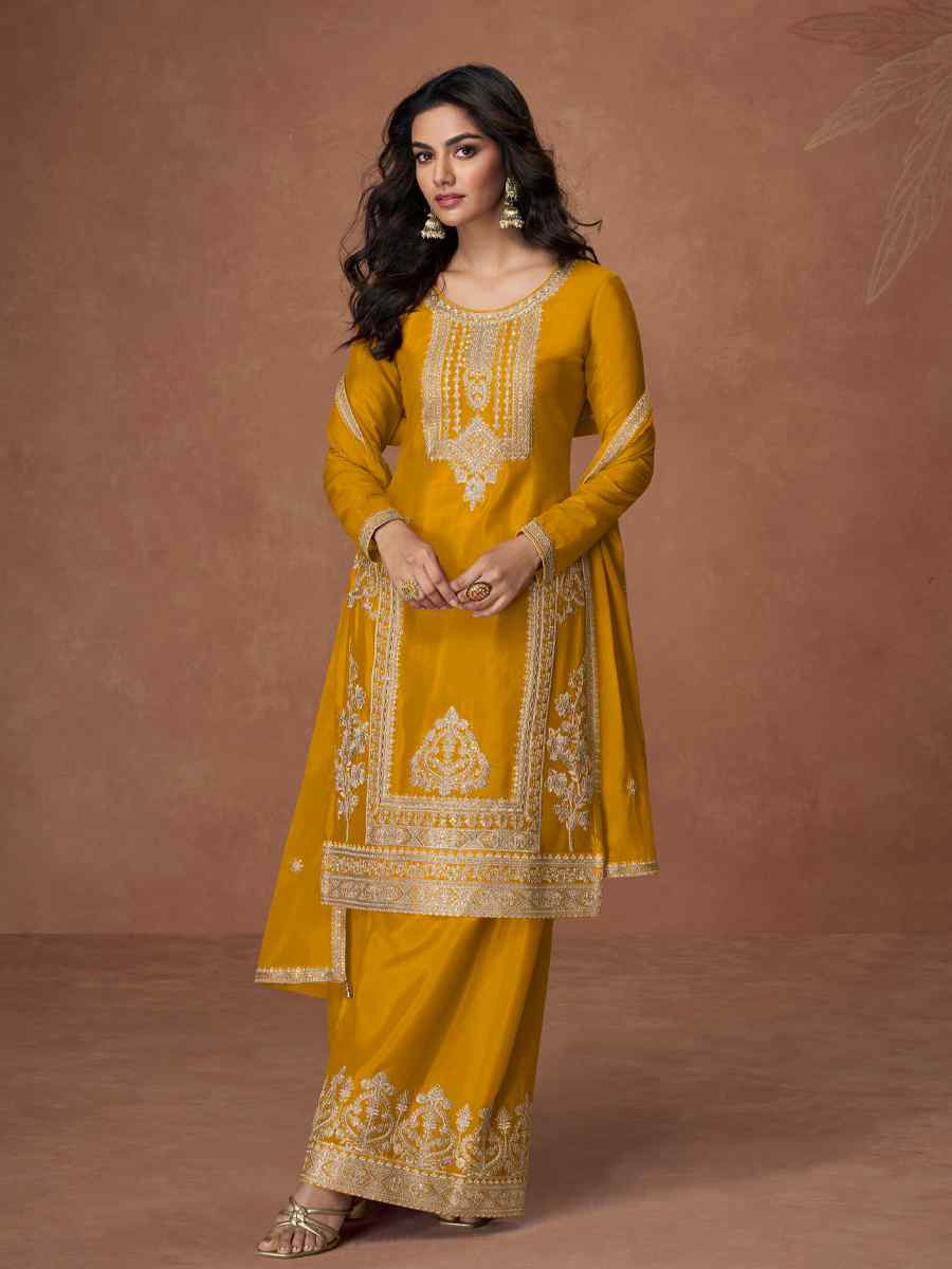 Yellow Premium Chinon Silk Embroidery Party Wedding Festival Casual Ready Palazzo Pant Salwar Kameez